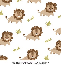 Leones Gato lindo diseño de Vector de dibujos animados sin patrón para la ropa de los niños FullPrint tela. Este diseño es adecuado para la industria textil de ropa infantil