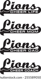 Lions Cheerleader Design With Banner is a modern take on a retro design. Includes 4 versions of Lions team name designs and text saying Cheer Life, Cheer Mom, Cheer Dad and Cheer Coach in the banners.