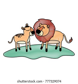 lions couple over grass in colored crayon silhouette