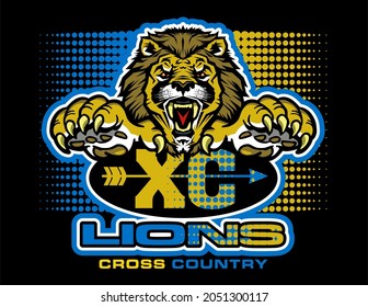 lions cross country team design with mascot for school, college or league