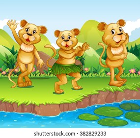 Lions dancing by the river illustration