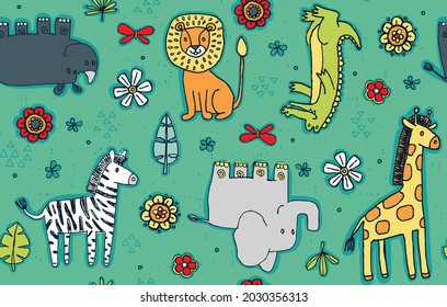 Lions, elephants, giraffes and more. These hand-drawn animals are cleverly combined into a repeating vector pattern.