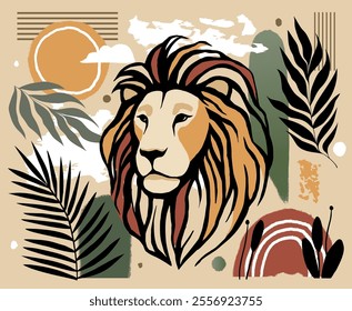 A lion's face with bold lines, surrounded by leaves and abstract shapes on a beige background, evoking nature and strength concepts