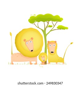 Lions Family Portrait Funny Cartoon. Brightly colored animals parents and baby. Vector illustration EPS10.