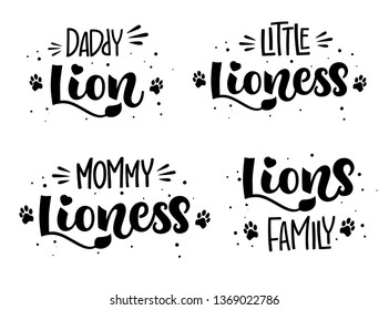 Lion's Family set of isolated  hand draw calligraphyc script lettering whith dots, splashes tiger's footprints and whiskers decore. Design for cards, t-shirts, banners, baby shower prints.