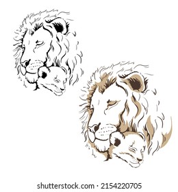 Lions Father and baby son. Lion cub hugs dad. Family. african animals. Line art. Close-up. Clip art. Hand Painting. Ink. Black and white. Vector