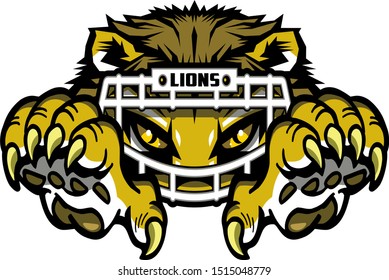 lions football mascot face wearing facemask and claws for school, college or league