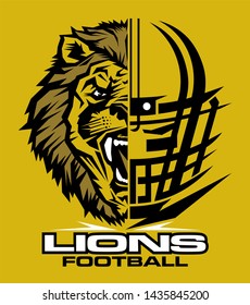 lions football team design with half mascot and facemask for school, college or league