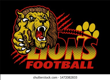 lions football team design with mascot head and laces for school, college or league