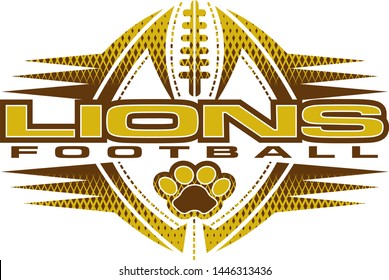 lions football team design with paw print and ball for school, college or league