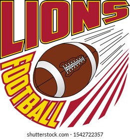 Lions Football Team Design is a sports design template that includes graphic text and a flying ball. Great for advertising and promotion such as t-shirts for teams or schools.