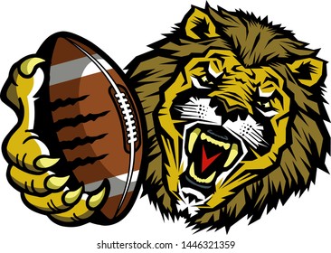 lions football team mascot holding ball in claw for school, college or league