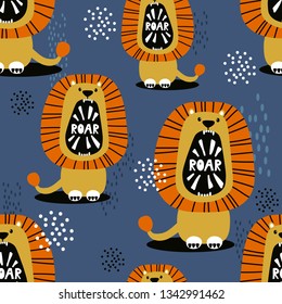 Lions, hand drawn backdrop. Colorful seamless pattern with animals. Decorative cute wallpaper, good for printing. Overlapping colored background vector