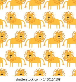Lions, hand drawn backdrop. Colorful seamless pattern with animals. Decorative cute wallpaper, good for printing. Overlapping colored background vector