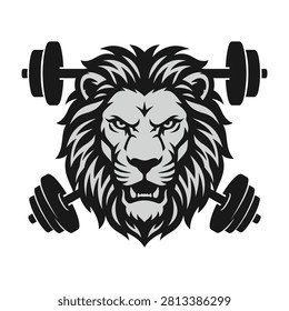 A lion's head with dumbbells symbolizing strength and fitness, perfect for gym and workout themes