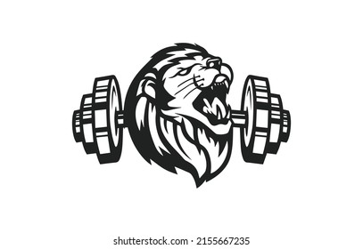 Lions head with gym iron barbell.