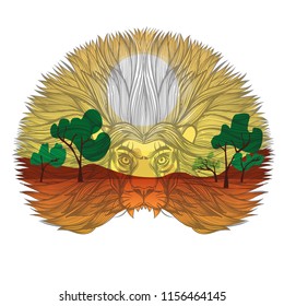 Lion's head with the landscape of an African safari. Vector illustration for print on t-shirts, tattoos and much more.