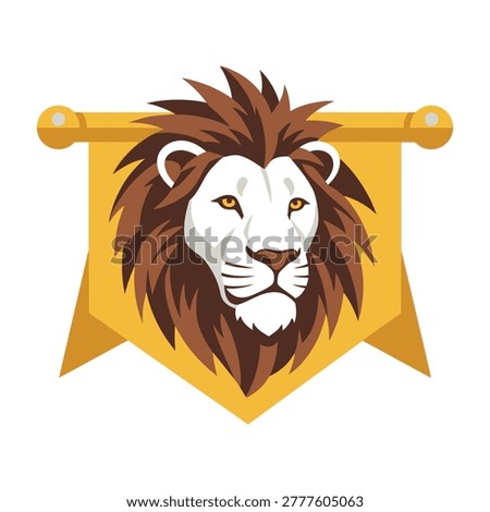 A lion's head on a yellow banner, symbolizing strength and courage, with a fierce expression.