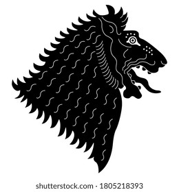 Lion's head in profile. Ancient Greek vase painting style. Black and white silhouette.