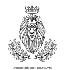 lion's head with a Royal crown & an oak wreath ornament, heraldic symbol of nobility, bravery, power, leadership, success, vector illustration isolated on a white background in a hand drawn style