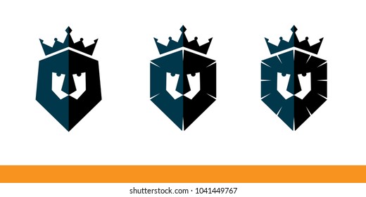lion's head or shield with crown on white. company name. schematic icon. pictogram