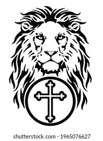 The Lion's head and the symbol of Christianity - the cross, drawing for tattoo, on a white background, illustration, black and white, vector