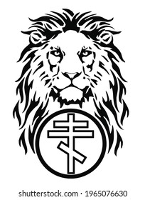 The Lion's head and the symbol of Christianity - the cross, drawing for tattoo, on a white background, illustration, black and white, vector