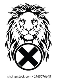 The Lion's head and the symbol of Christianity - the cross, drawing for tattoo, on a white background, illustration, black and white, vector