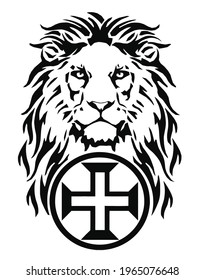 The Lion's head and the symbol of Christianity - the cross, drawing for tattoo, on a white background, illustration, black and white, vector