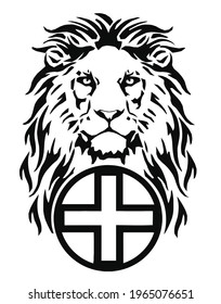 The Lion's head and the symbol of Christianity - the cross, drawing for tattoo, on a white background, illustration, black and white, vector