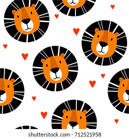 Lions and hearts, hand drawn backdrop. Colorful seamless pattern with muzzles of animals. Decorative cute wallpaper, good for printing. Overlapping background vector