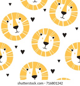 Lions and hearts, hand drawn backdrop. Colorful seamless pattern with muzzles of animals. Decorative cute wallpaper, good for printing. Overlapping background vector