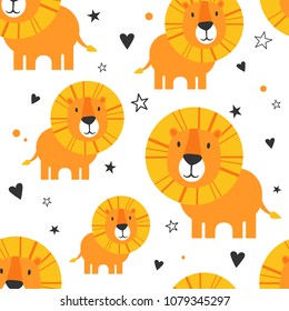 Lions, hearts, stars, hand drawn backdrop. Colorful seamless pattern with muzzles of animals. Decorative cute wallpaper, good for printing. Overlapping colored background vector