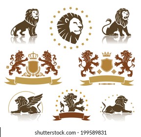 Lions heraldic set with banners, ornaments and crowns