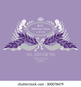 Lions hold oval frame on the top of aurel branch and ribbon. Heraldic banner in center of violet background