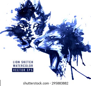 Lions illustration. Watercolor design. Black and white sketch. Vector design.