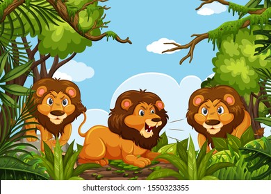 Lions in jungle scene illustration