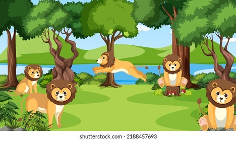 Lions in the jungle scene illustration