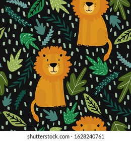 Lions, leaves, hand drawn backdrop. Colorful seamless pattern with animals. Decorative cute wallpaper, good for printing. Overlapping background vector. Design illustration
