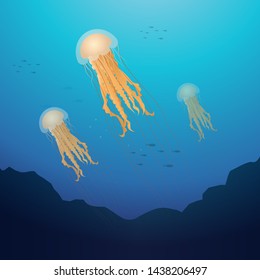 Lion's mane jellyfish in ocean vector illustration style.