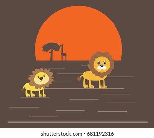 Lions on the background of sunset, vector illustration   