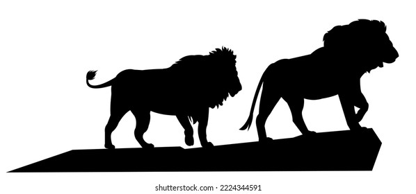 Lions on stone cliff. African savanna predator. Silhouette picture. Dangerous animal in natural conditions. Isolated on white background. Vector.