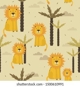 Lions and palm trees, hand drawn backdrop. Colorful seamless pattern with animals. Decorative cute wallpaper, good for printing. Overlapping background vector. Design illustration
