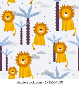 Lions, palm trees, hand drawn backdrop. Colorful seamless pattern with animals. Decorative cute wallpaper, good for printing. Overlapping background vector. Design illustration