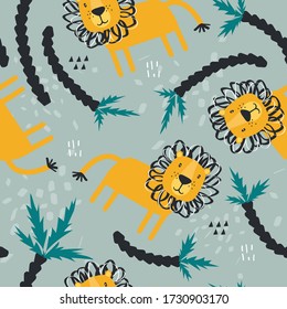 Lions, palm trees, hand drawn backdrop. Colorful seamless pattern with animals. Decorative cute wallpaper, good for printing. Overlapping background vector. Design illustration