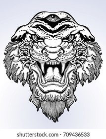 Lion's portrait made in an old-stylized tattoo. Vector illustration for coloring book, t-shirts, tattoo art, boho design, posters, textiles. Isolated vector illustration.