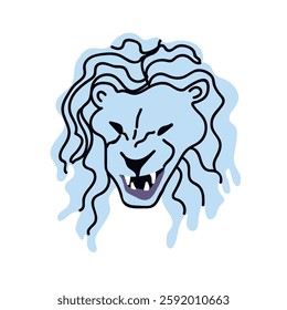 lion's roar. Wild jungle beast with majestic mane. King animal with open mouth, teeth, full-face. Leo zodiac sign, astrological symbol avatar. Hand drawn vector illustration.