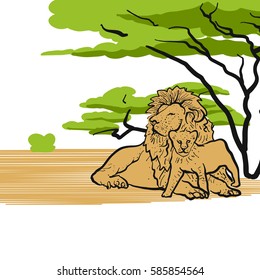 Lions in savannah chilling, Hand-drawn Vector Outline Sketch