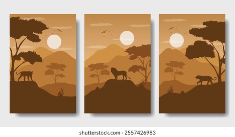 Lions in Savannah - Silhouette Design Set, Beautiful 2D Landscape Silhouette Wallpaper Set