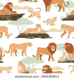 Lions seamless pattern. Jungle animals relax in savannah, lionesses, cubs, feline family, large predator, wild fauna. Decor textile, wrapping paper. Print for fabric tidy vector background